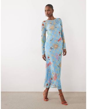 Never Fully Dressed Vestido Midi De Manga Larga Con Estampado Celestial De Malla - Azul