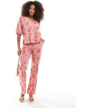 Object Pantalon ample à taille haute d'ensemble avec imprimé esquisse - Rouge