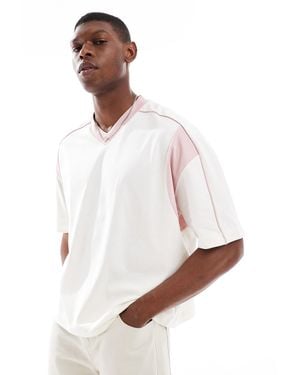 ASOS Oversized Boxy V Neck T-shirt With Pink Contrast Panel - White