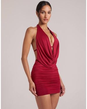 Oh Polly Draped Cowl Halter Neck Ruched Skirt Mini Dress - Red