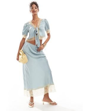 ASOS Satin Midi Skirt With Lace Hem - Blue