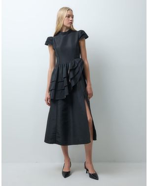 Sister Jane Dream Elixir High Neck Cap Sleeve Ruffle Detailing Satin Midi Dress - Blue