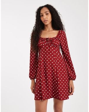 New Look Polka Dot Long Sleeve Milkmaid Mini Dress - Red