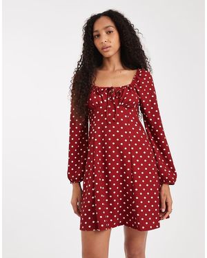 New Look Vestito Milkmaid Corto A Maniche Lunghe A Pois - Rosso