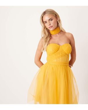 LACE & BEADS Scarf Neck Corset Tulle Mini Dress - Yellow