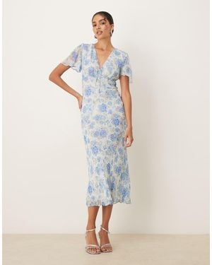 Mango V-Neck Tie Detail Short Sleeve Midaxi Dress With Floral Print - Blue