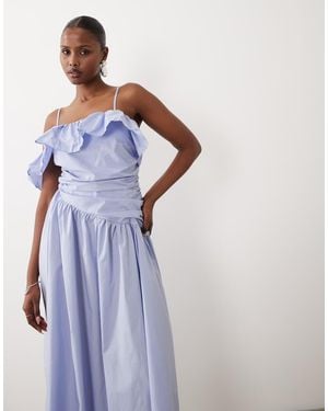 Vero Moda Cotton Poplin One Shoulder Ruched Midi Dress - Blue
