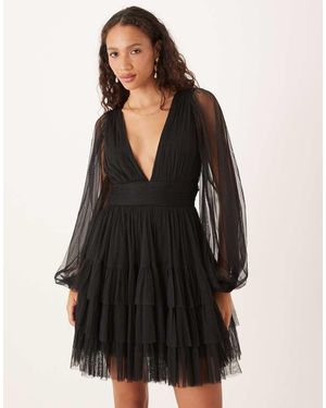 LACE & BEADS Long Sleeve Plunge Tiered Tulle Mini Dress - Black