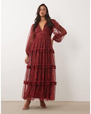 LACE & BEADS Tulle Sheer Balloon Sleeve Plunge Neck Tiered Maxi Dress