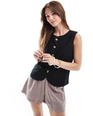 Threadbare Chaleco De Traje Abotonado Con Cuello Subido De Mezcla De Lino De - Negro