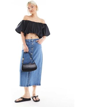 Vero Moda Falda Vaquera Midi Azul Con Lavado Claro Y Botones Delanteros De