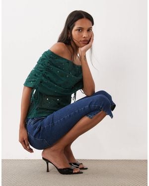 ASOS Crochet Bardot Top With Embellishment - Blue