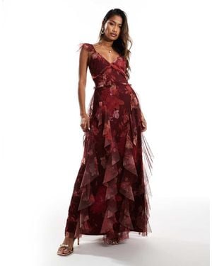 LACE & BEADS Ruffle Midaxi Tulle Dress - Red