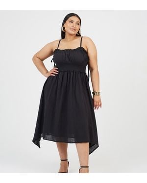 Brave Soul Curve Strappy Shirred Hankerchief Hem Midi Dress - Black
