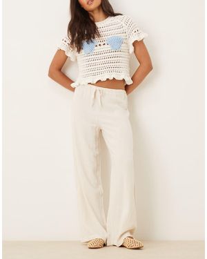 Pimkie Linen Blend Drawstring Tie Waist Wide Leg Trousers - Natural