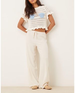 Pimkie Linen Blend Drawstring Tie Waist Wide Leg Trousers - Natural