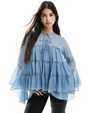 ASOS Tie Front Tiered Blouse With Ruffle Cuffs - Blue