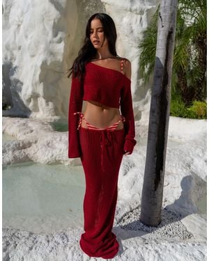 Aria Cove Open Crochet Off Shoulder Flare Sleeve Beach Crop Top Co-ord - Red