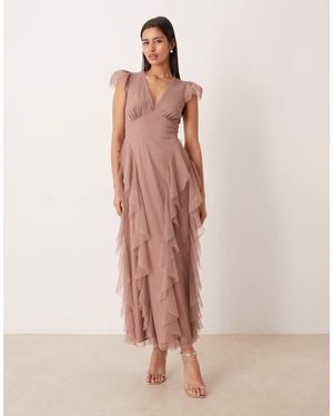 LACE & BEADS Bridesmaid Ruffle Frill Detail V Neck Maxi Dress - Pink