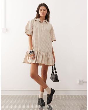 Collusion Check Pleated Skirt Shirt Dress - Natural