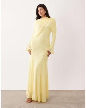 ASOS Modesty Mesh Maxi Dress With Overlay Draped Neckline Detail - Natural
