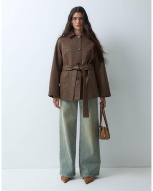 4th & Reckless Faux Leather Collared Belted Jacket - Brown