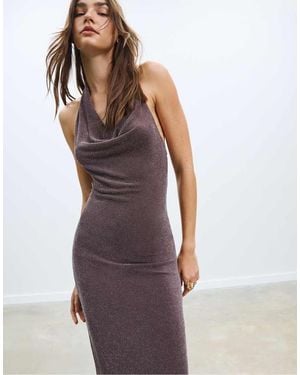 Stradivarius Metallic Thread Halter Midi Dress - Purple