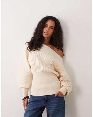 ASOS Wide Ribbed Off The Shoulder Cinched Waist Jumper - Natural