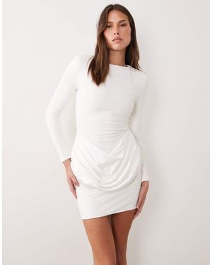 Wanderdoll Storm Shoulder Pad Detail Long Sleeve Satin Drape Waist Mini Dress - White