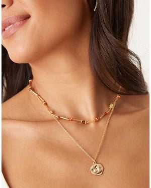 Mango Beaded Chain Necklace With Pendant - Brown