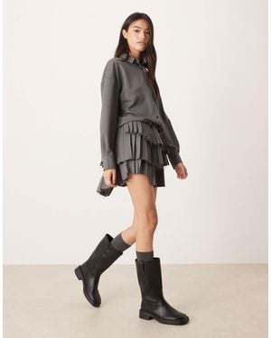 ASOS Drop Waist Mini Shirt Dress With Pleated Skirt - Natural