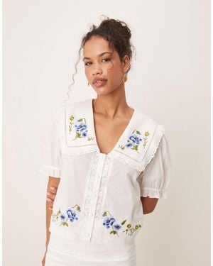 ASOS Embroidery Collar Detail Short Sleeve Shirt - Natural