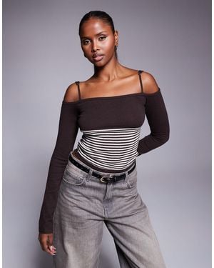 Edikted Darya Striped Off Shoulder Knit Top - Grey