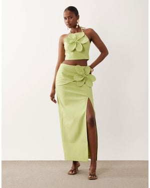 ASOS Linen Maxi Skirt With 3d Flower - Green