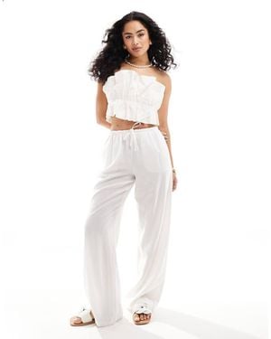 Bershka Tie Waist Wide Leg Linen Trousers - White