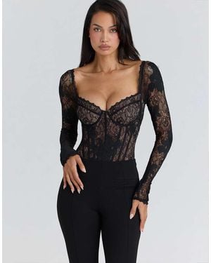 House Of Cb Aneira Lace Long Sleeve Bodysuit - Black