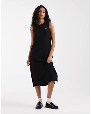 Fred Perry Rib Tricot Logo Sleeveless Midi Dress - Black
