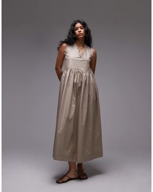 TOPSHOP Dropped Hem Chuck On Heavy Poplin Midi Dress - Brown