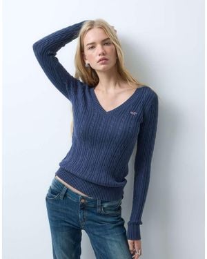 Hollister Knitted Icon Logo V Neck Jumper - Blue