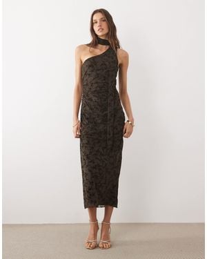Mango One Sleeve Velour Midi Dress With Neck Detail - Brown