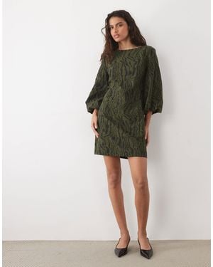 Y.A.S Volume Sleeve Slash Neck Jacquard Mini Dress - Green