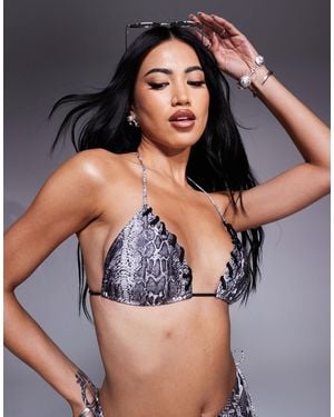 South Beach Snake Print Whipstitch Triangle Bikini Top - Black