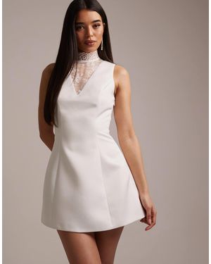 Six Stories Bridal Lace High Neck Mini Dress With V Detail - White
