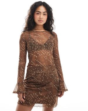 Pieces Flare Sleeve Print Mesh Top Co-ord - Brown