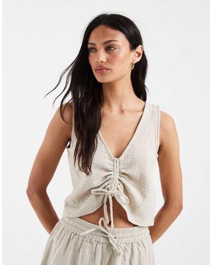 Pieces Top Gris Pálido Sin Mangas Con Lazada Delantera De Tejido Rugoso De Algodón (Parte De Un Conjunto) - Blanco