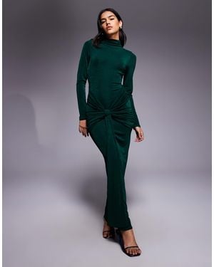 ASOS Long Sleeve Slinky With Sash And Tie Drape Detail And Open Back Maxi Dress - Blue
