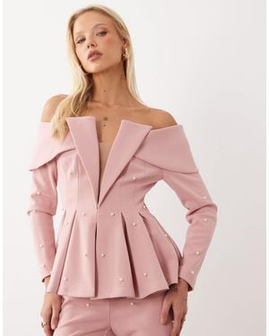 ASOS Pearl Embellished Off Shoulder Blazer Top - Pink