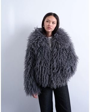 TOPSHOP Faux Mongolian Fur Bomber Coat - Blue