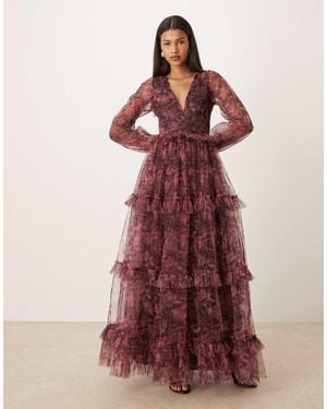 LACE & BEADS Lace And Beads Tulle Plunge Neck Sheer Sleeve Tie Maxi Dress - Red
