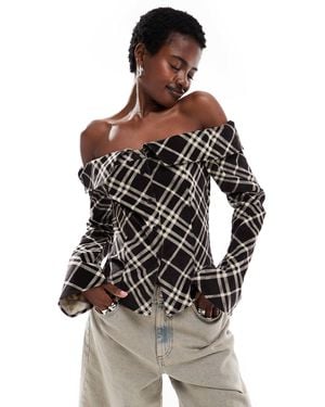 Monki Cord Off Shoulder Shirt With Button Front - Brown